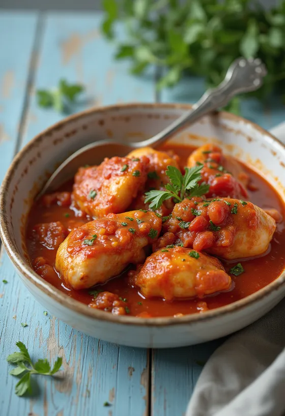 Chicken cacciatore with tomato sauce, served with peppers and black olives