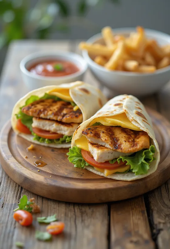 Chicken wrap with fresh vegetables, grilled chicken breast, and yoghurt dressing