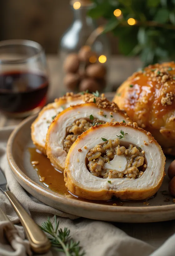 Juicy turkey breast slices stuffed with chestnut, served with vegetables.