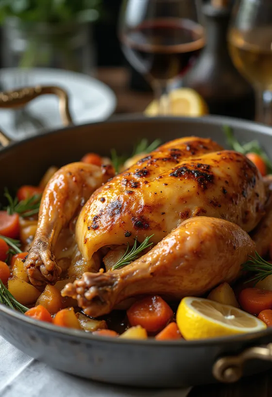 Roast guinea fowl served with roasted vegetables