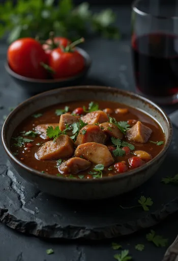 Moqueca served with red wine, fish, and coconut milk