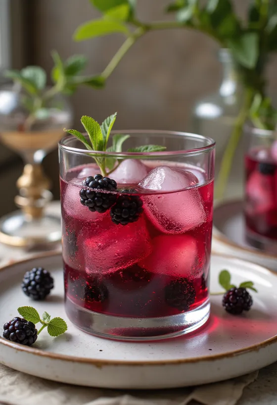 Orange and blackberry cider fruity drink garnished with orange slice and blackberries