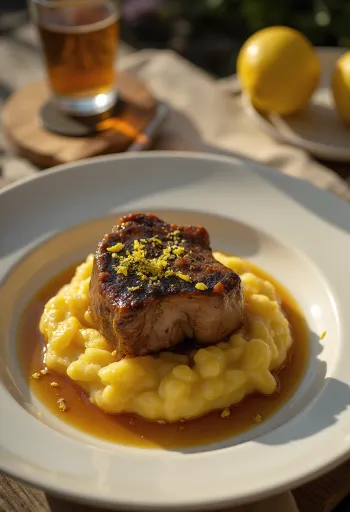 Osso buco served with polenta, in vegetable sauce, sprinkled with gremolata