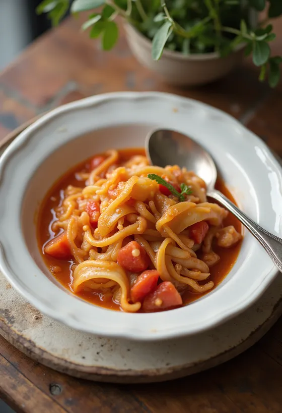 Tomato cabbage stew served with fresh dill and juicy meatballs