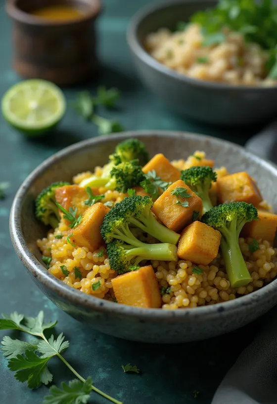 Broccoli quinoa curry Buddha bowl served with lime tofu