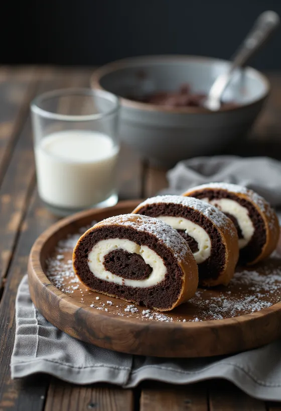 Chocolate biscuit roll sliced and served