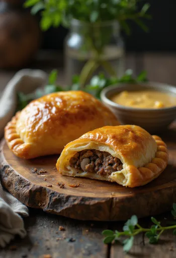 Chilean beef empanada baked golden brown, served on a plate