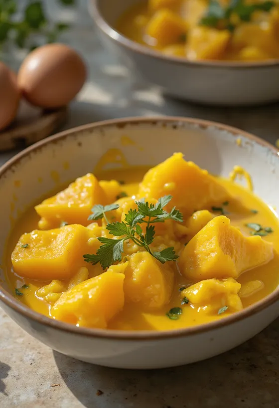 Aubergine curry with sweet potato served