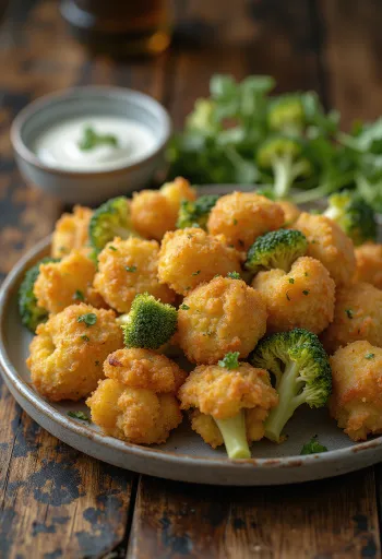 Crispy breaded broccoli fried golden brown, served on a plate with fresh lemon slices.