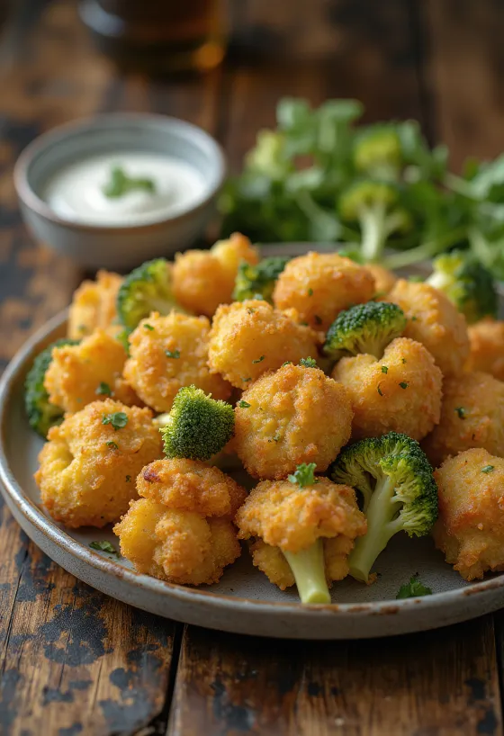Crispy breaded broccoli fried golden brown, served on a plate with fresh lemon slices.