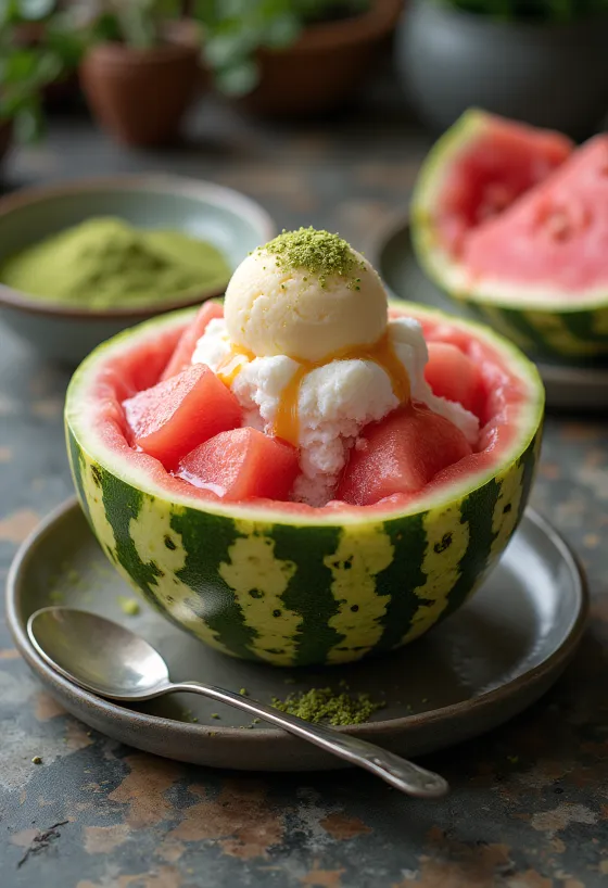 Subak Bingsu freshly served with watermelon and almonds