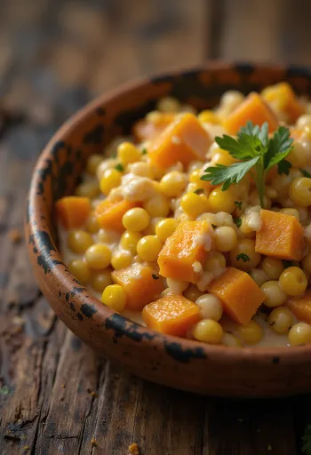 Mexican corn salad with sweet potato, feta cheese and lime wedges