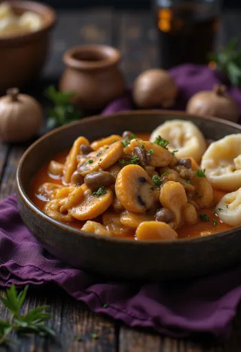 Creamy mushroom paprikash fresh, served with soft dumplings