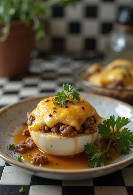 Stuffed aubergine topped with crispy cheese, sprinkled with fresh herbs