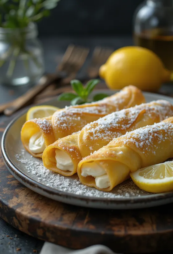 Cottage cheese crêpes dusted with icing sugar and served with sour cream