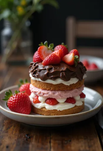 Chocolate strawberry quark cake decorated with fresh strawberries and chocolate shavings