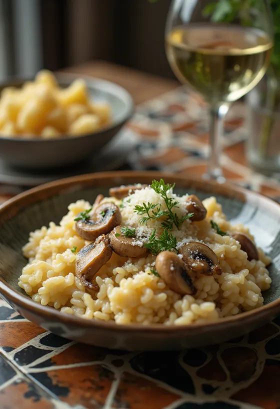 Mushroom risotto served with fresh herbs and Parmesan cheese