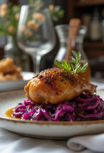 Duck leg served with braised red cabbage