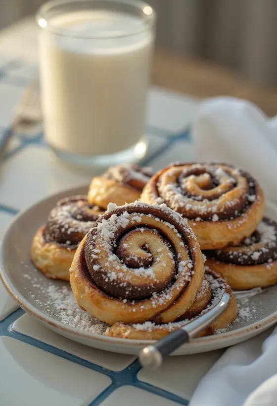Chocolate swirls dusted with icing sugar, baked golden brown