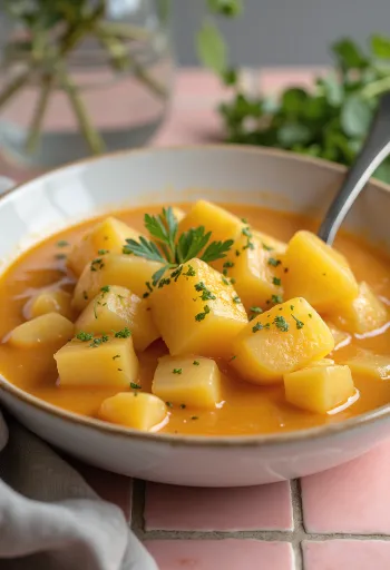 Classic potato pottage with sour cream thickening and garnished with fresh parsley.