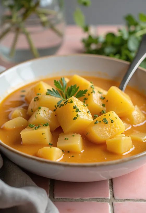 Classic potato pottage with sour cream thickening and garnished with fresh parsley.