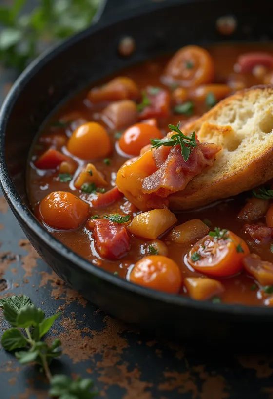 Lecso served with fresh peppers, tomatoes, and smoked sausage