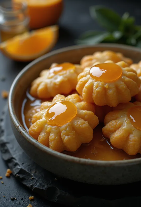 Melomakarona biscuits soaked in honey-orange syrup, served