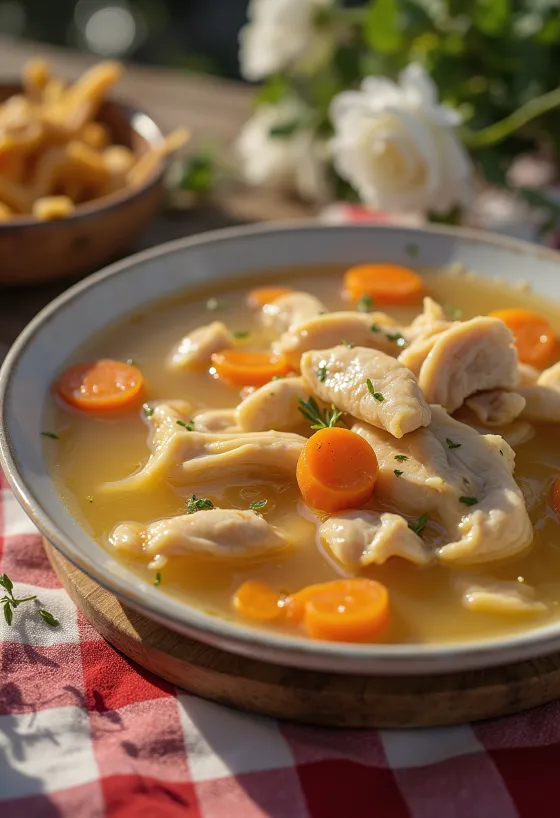Hot chicken soup with vegetables and vermicelli
