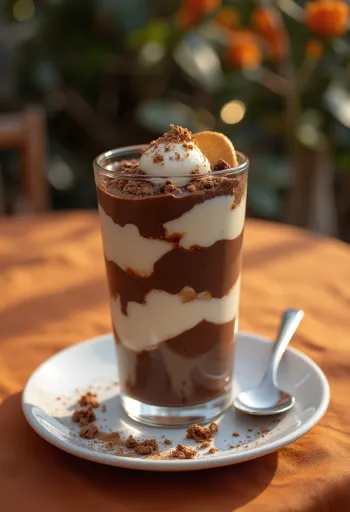 Chocolate layered dessert garnished with chocolate shavings