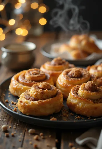 Cinnamon swirls dusted with icing sugar, baked golden brown