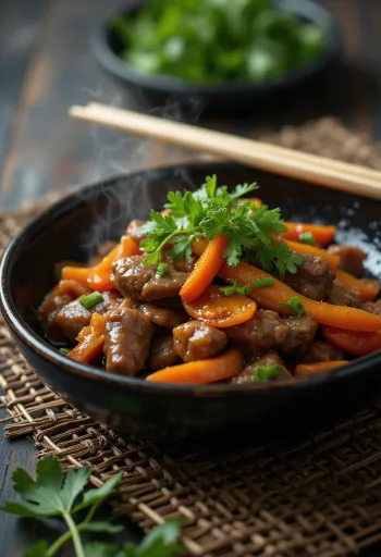 Ginger beef in wok served with vegetables