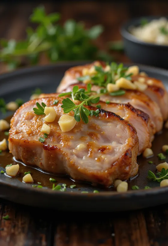 Pork loin slices served in garlic and rosemary marinade