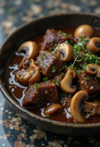 Moose stew with mushrooms served in a rustic bowl.