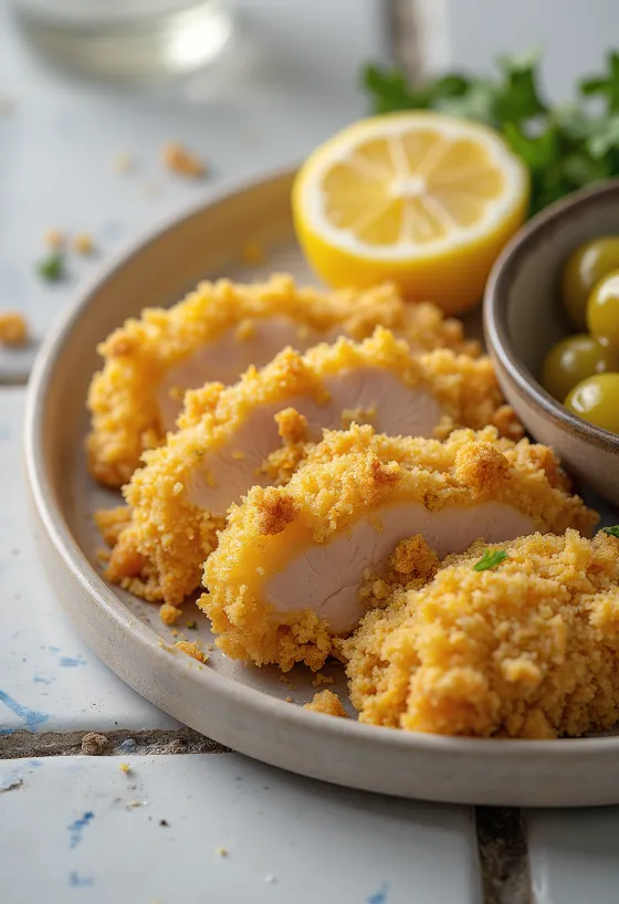 Breaded pork loin fried to golden brown, served with crispy coating and fresh lemon slices