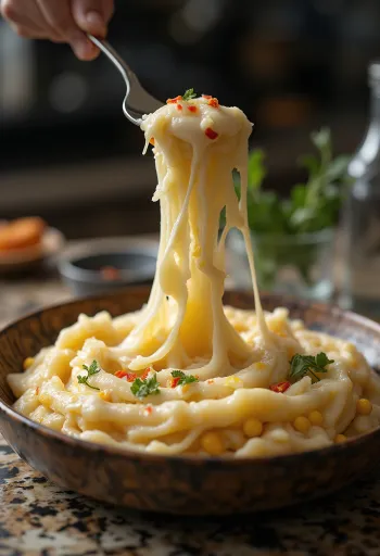 Elarji with chilli, Georgian cornmeal porridge with cheese, cooked until stretchy
