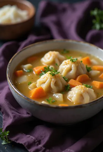 Hot vegetable soup with soft homemade dumplings, served in a deep bowl.