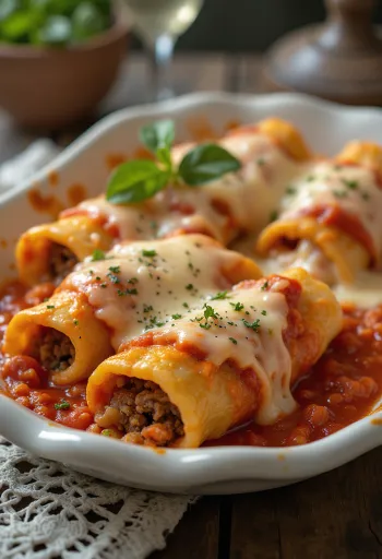 Meaty cannelloni served with tomato sauce and melted cheese