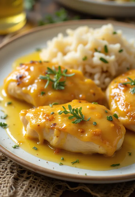 Succulent honey and mustard chicken breast fried until crisp, served with fresh vegetables.