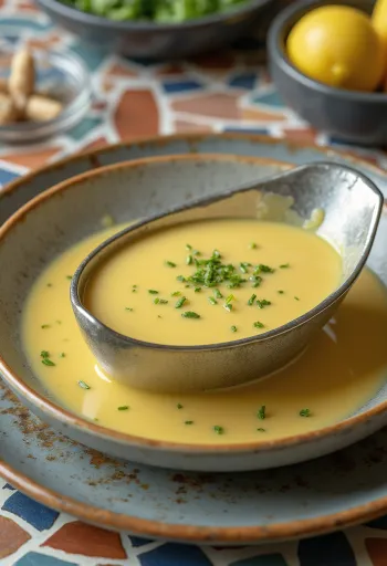Mustard lemon cream sauce in a bowl, garnished with fresh parsley.