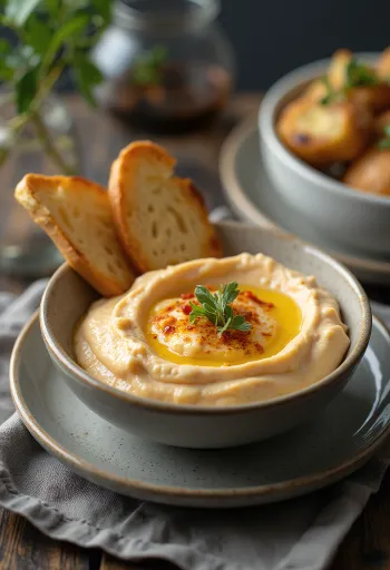 Aubergine dip with roasted peppers served