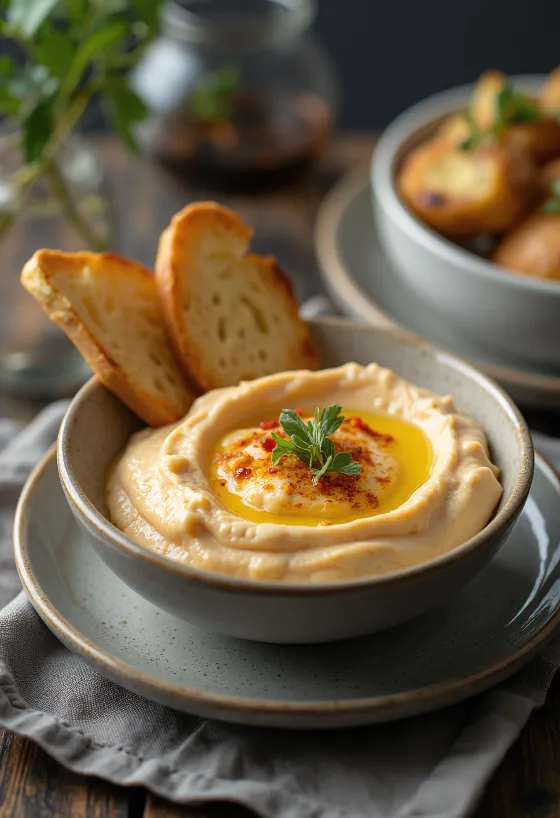 Aubergine dip with roasted peppers served