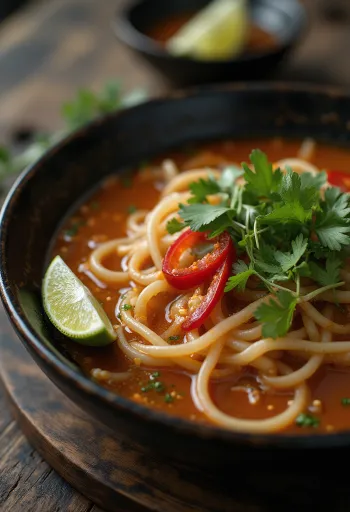 Spicy Pho served in a bowl, spicy rice noodle soup with fresh coriander and lime slices