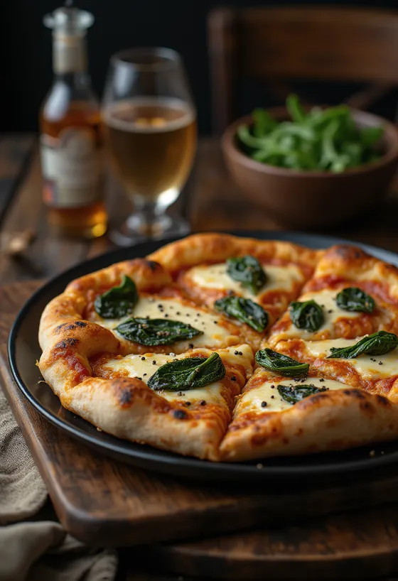 Tibetan style pizza served with yak cheese and fresh spinach