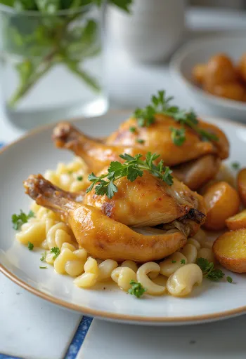 Roasted Quail with Herbs, crispy skin and garnished with lemon