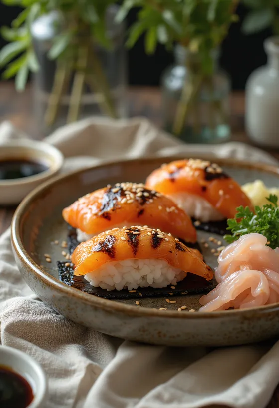 Pan-fried salmon onigiri, served with sesame seeds and nori seaweed