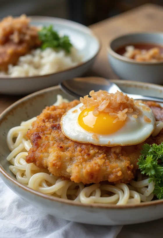 Tarako salted cod roe stuffed katsudon, crispy chicken and rich soy sauce