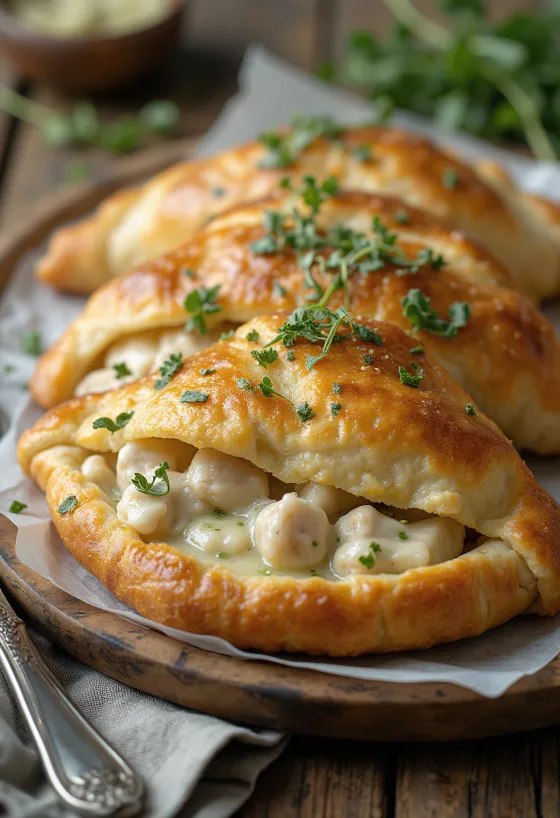 Tarragon chicken calzone baked golden brown
