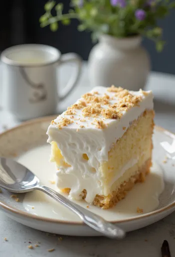 Classic Tres Leches Cake, milk-soaked sponge on a white plate