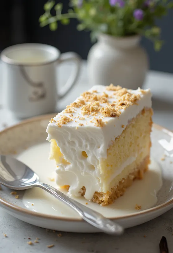 Classic Tres Leches Cake, milk-soaked sponge on a white plate