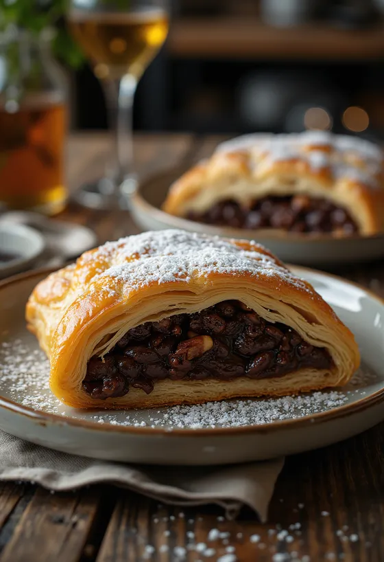 Chocolate strudel served on a plate